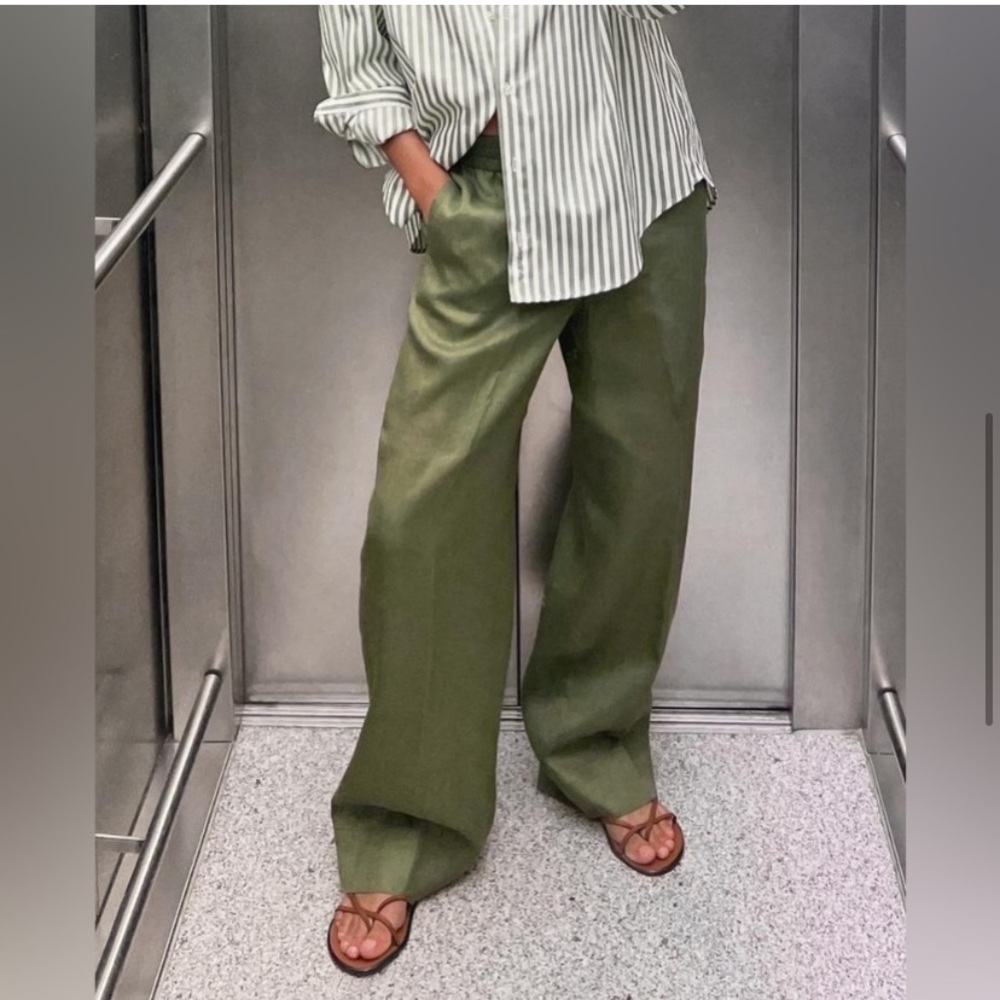 ZARA 100% LINEN STRAIGHT LEG PANTS